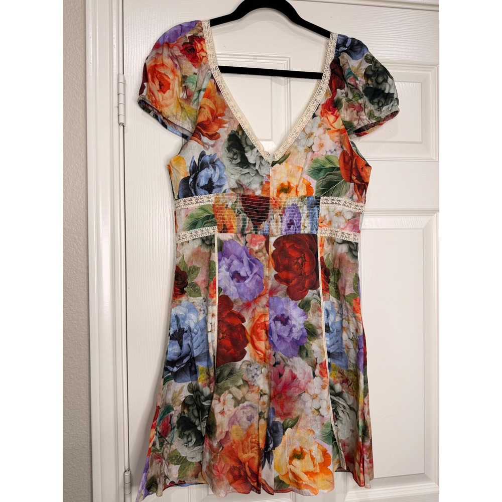 #B39 ALICE + OLIVIA Floral Dress Sz. 10 Multicolor Lace Trim V-Neck Puff Sleeve